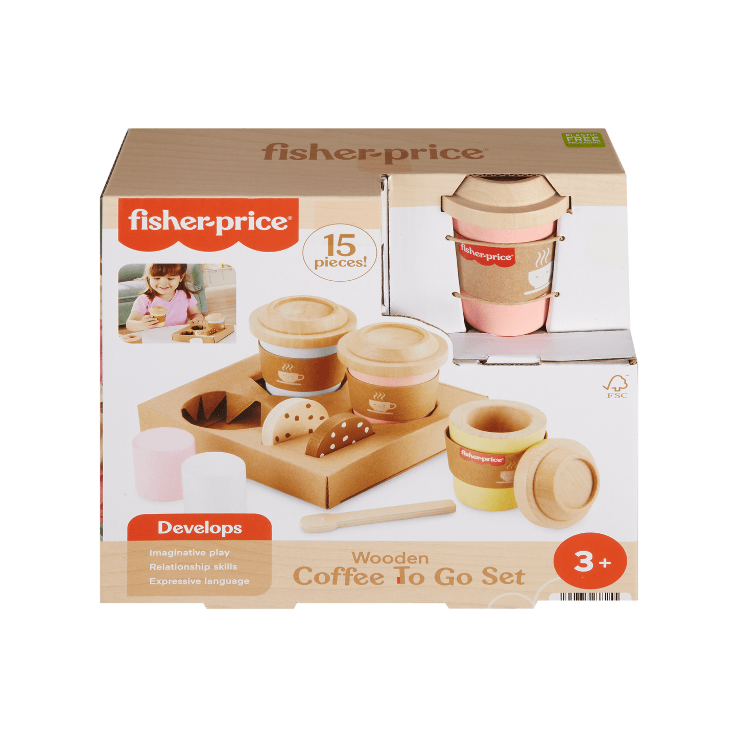 Fisher-Price  Coffret Café Pour Emporter en Bois, 15Éléments